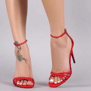 Qupid Shoes - Bright Red Studded Strappy Open Toe Heel Qupid Shoes - Bright Red Studded Strappy Open Toe Heel